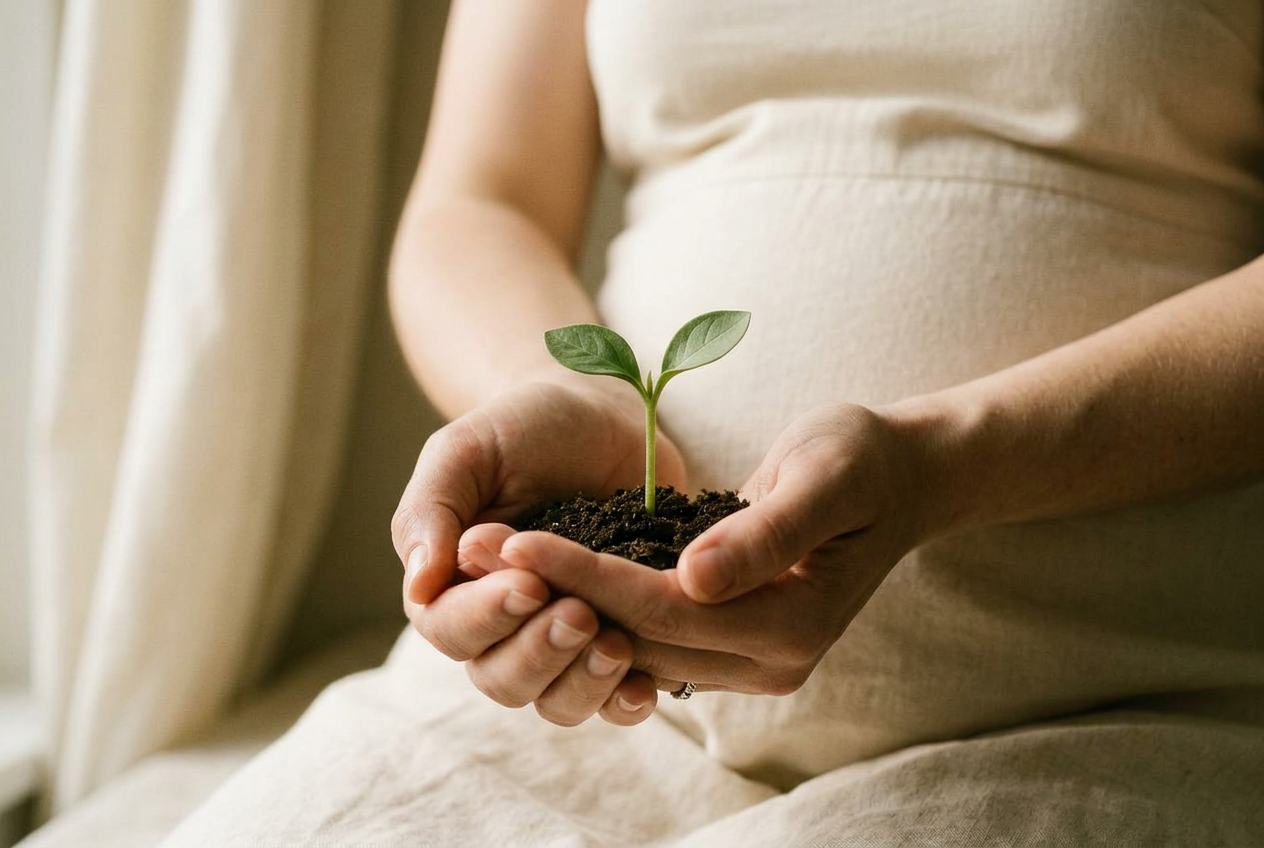 A pregnant woman cupping a young green sprout growing in soil in her hands