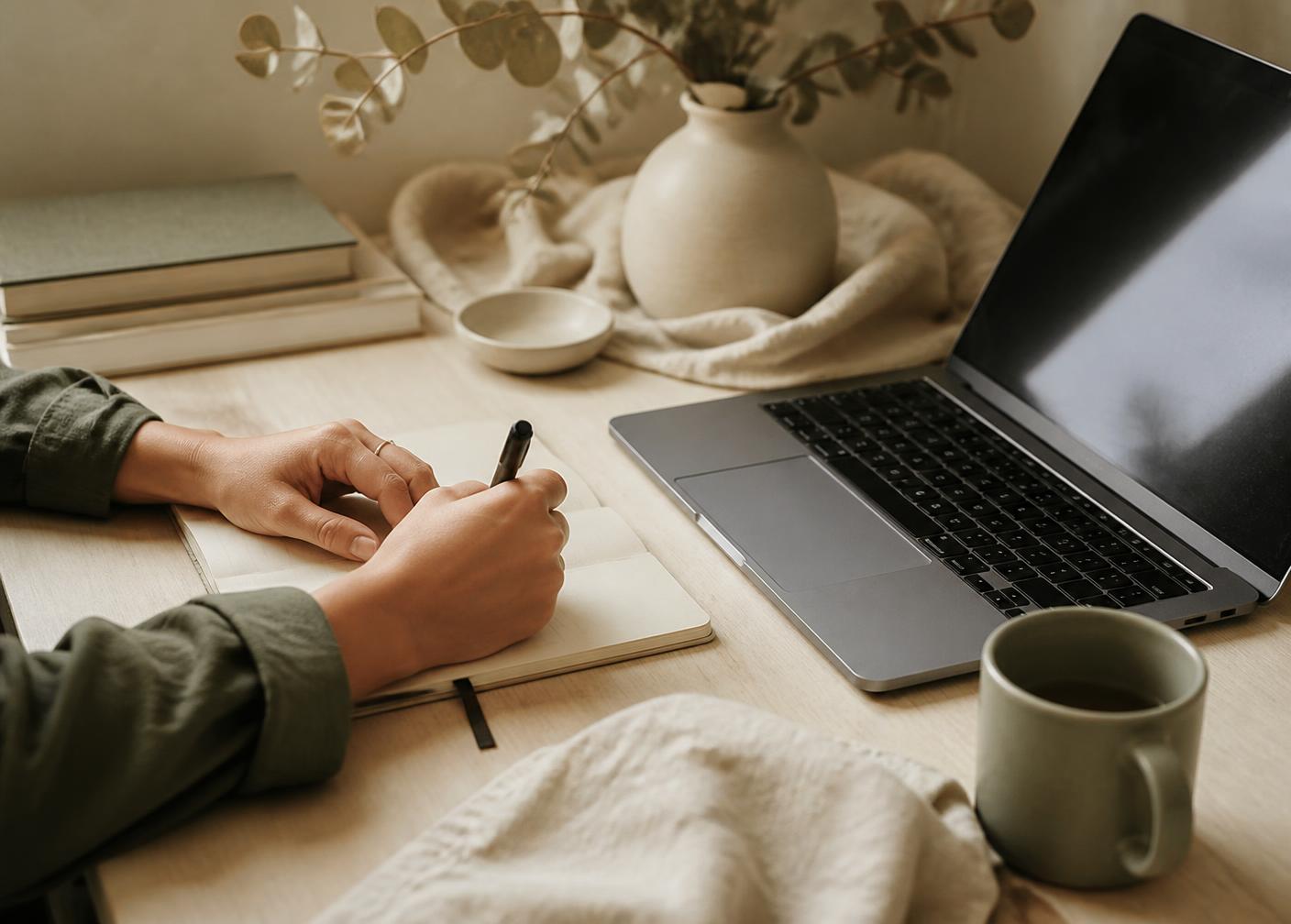 Hands writing in a notebook at a kitchen table